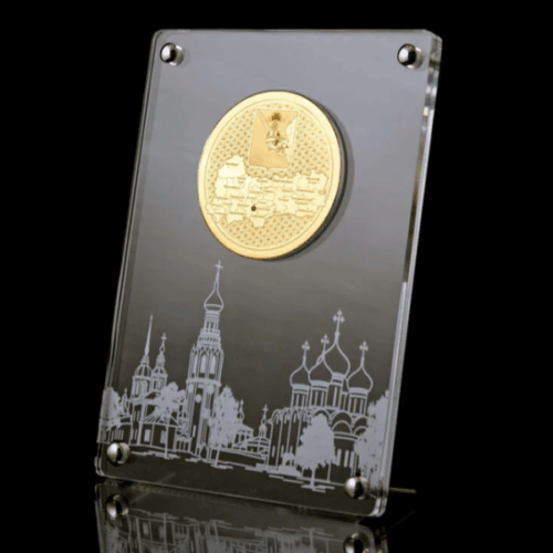 Корпоративный подарок, бизнес-сувенир медаль на подставке из стекла